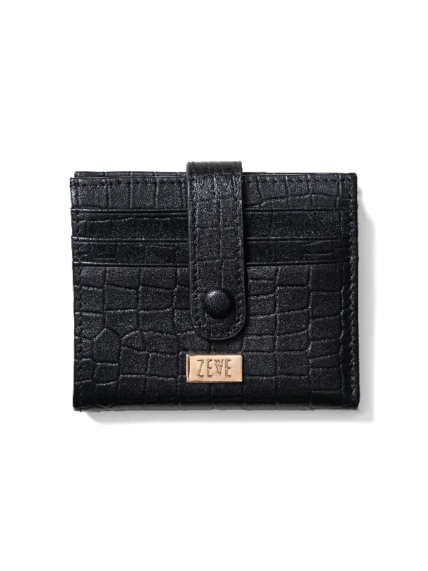 Flowy Blouse-Zeve Snap-Closure Card Holder - Black Croco Leather