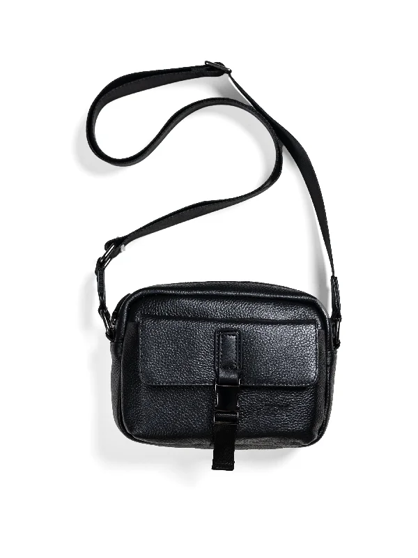 Elegant Satin Shirt-Livorno Crossbody Bag - Black Pebble Grain Leather