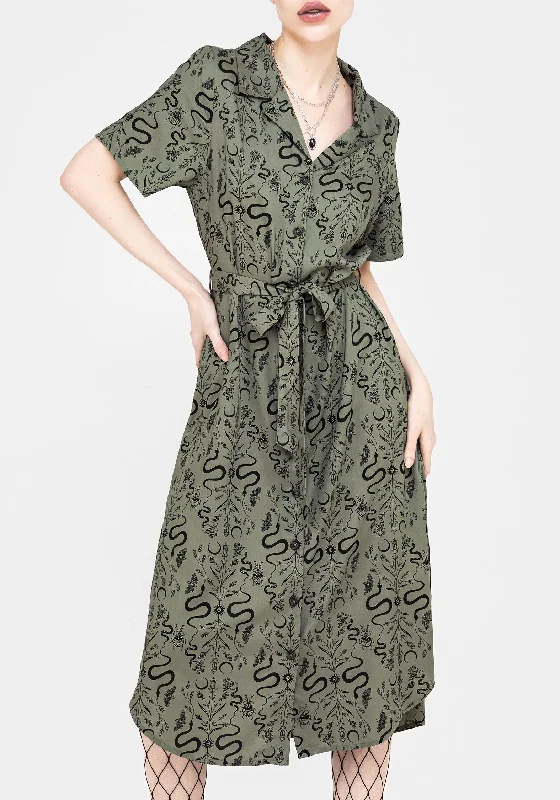 Cotton Button-down Shirt-Dominion Snake Print Midi Shirt Dress