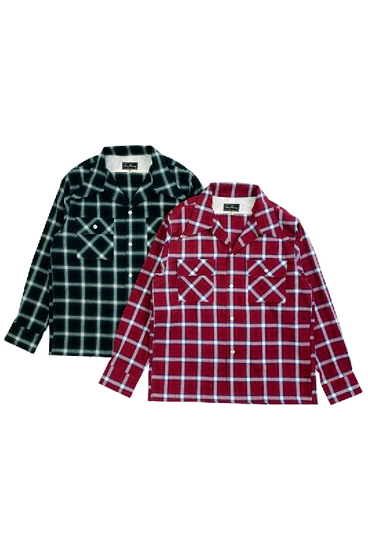 Long Sleeve Button-up Shirt-Ombre Check 2 Flap Work Open Shirt