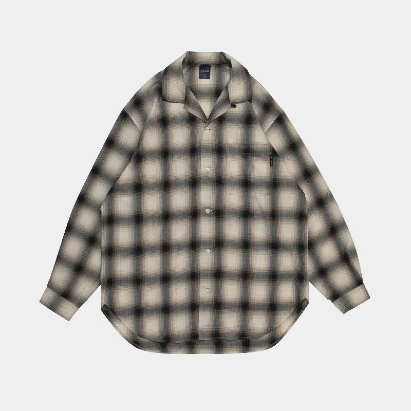 Cropped Button-up Shirt-Ombre Check L/S Aloha Shirt [White/Black] / 2420204