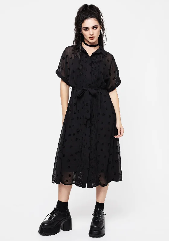 Denim Shirt-Bones Flocked Pintuck Chiffon Midi Shirt Dress