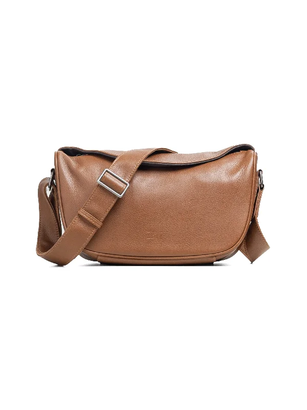 White Blouse-Leone Crossbody Bag - Brown Pebble Grain Leather