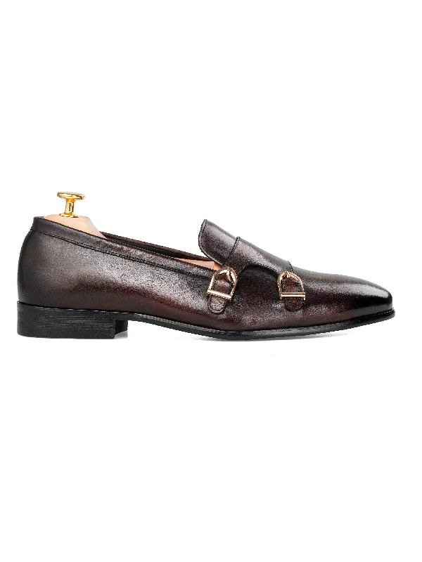 Loose Fit Button-up Shirt-Alfeo Loafer Slipper - Dark Brown Double Monk Strap (Hand Painted Patina)