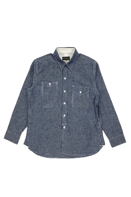 Off-the-shoulder Shirt-Irregular Pocket Chambray Work Shirt