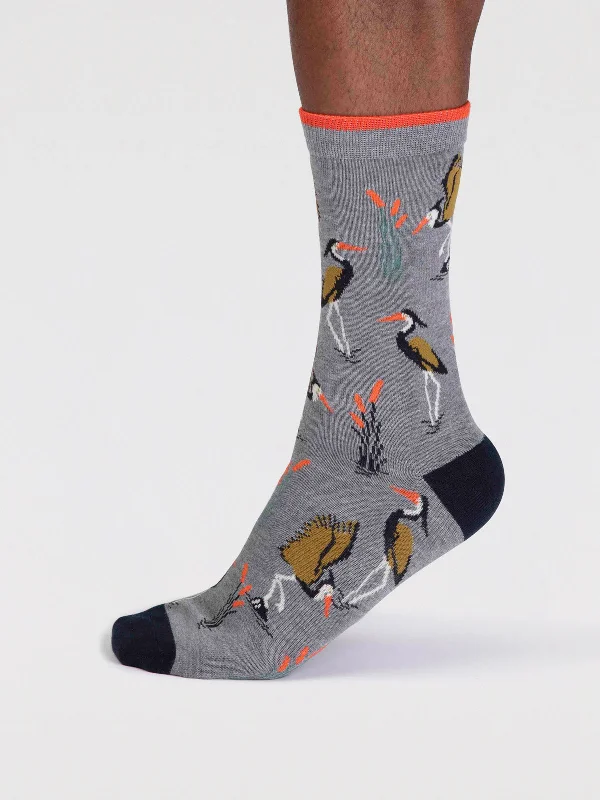 Lightweight Hiking Socks-Gino Bamboo Heron Bird Socks - Grey Marle