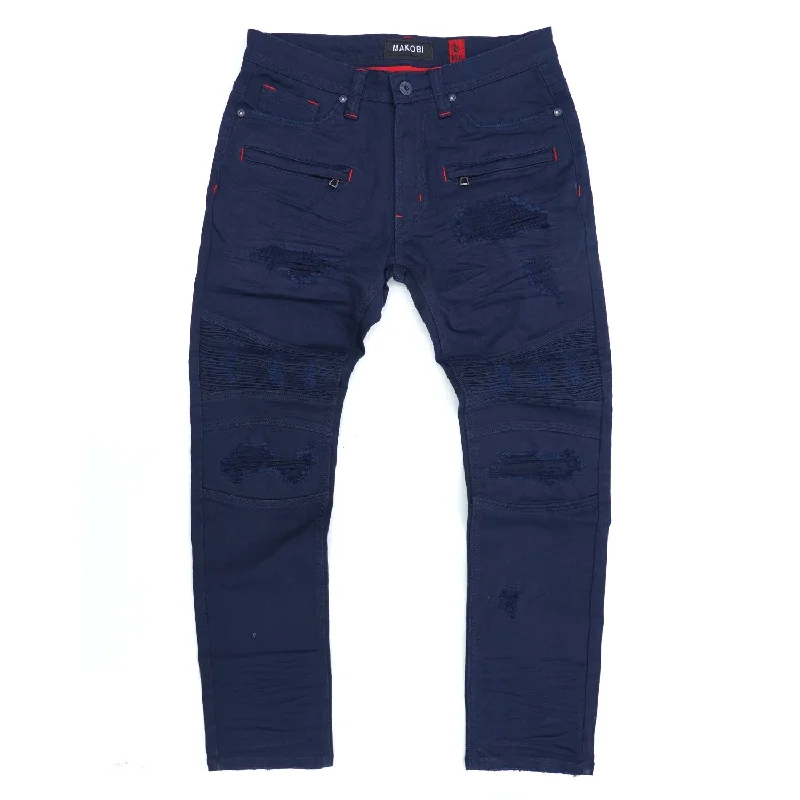 High-rise Pants-M1926 - Makobi Core Denim Biker Jeans - Navy