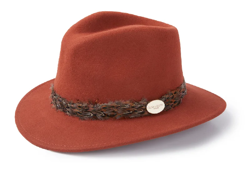 Running Hat-The Suffolk Fedora in Cinnamon (Bronze Feather Wrap)