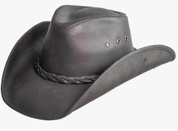 Snapback Hat-Hollywood Black Pinch Front Leather Cowboy Hat