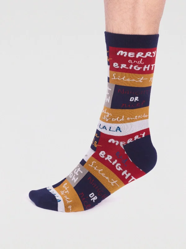 Athletic Socks-Caleb Organic Cotton Christmas Slogan Socks - Navy