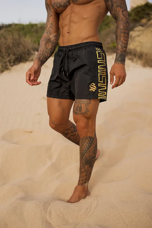 Sporty Workout Shorts-Icon Band Swim Shorts - Black