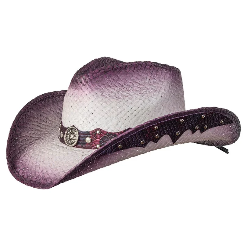 Fashion Fedora-WE LIN-106 Straw Western Pinch Front Hat with Purple Trim, Sunburst Concho Hat Band, & Leather Sides