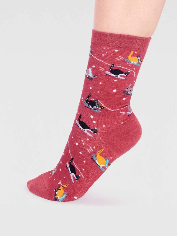 Fashion Compression Socks-Amaryllis Organic Cotton Skiing Cat Sock - Brick Red