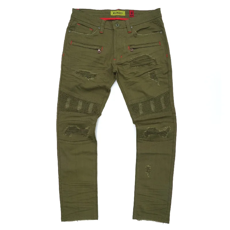 Stylish Pants-M1926 - Makobi Core Denim Biker Jeans - Olive