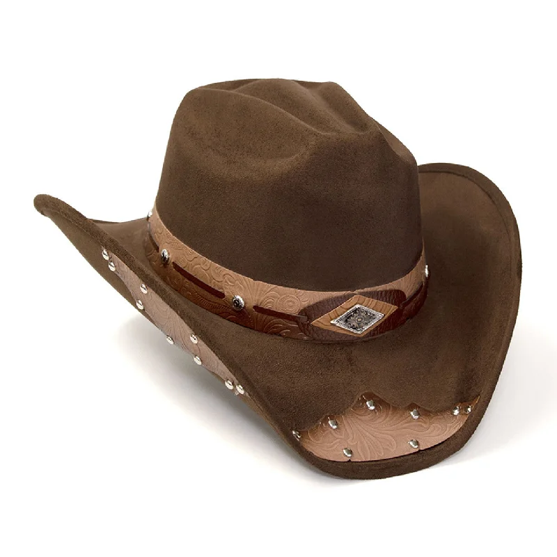 Denim Hat-Western Express  CL-99 Brown Suede Finish Western Hat with Tooled Hat Band & Leather Sides