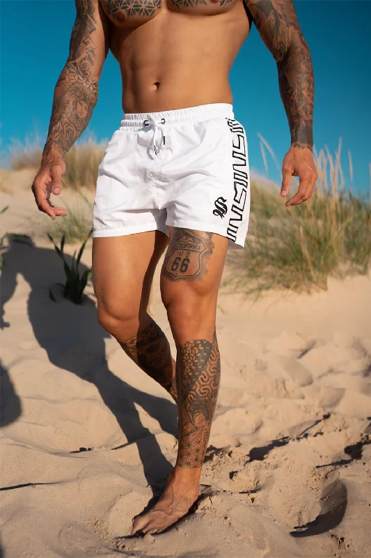 Sweatproof Shorts-Icon Band Swim Shorts - White