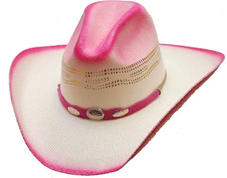 Travel Bucket Hat-Western Express HC-81 Straw Hat - Hot Pink, Silver Conchos