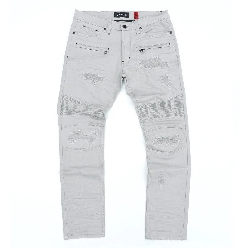 Office Pants-M1926 - Makobi Core Denim Biker Jeans - Light Gray