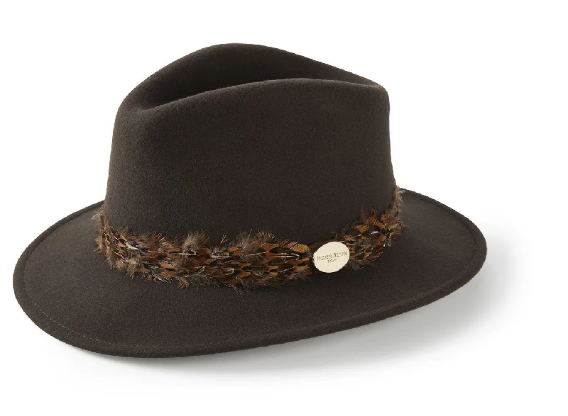 Military Hat-The Suffolk Fedora in Dark Brown (Bronze Feather Wrap)