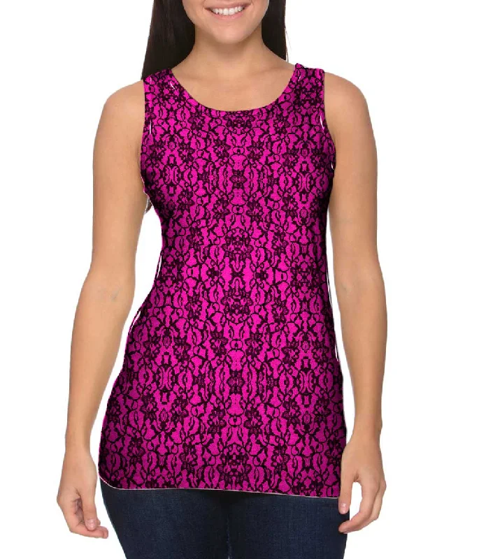 Athletic Sleeveless Shirt-Lace Black Hotpink