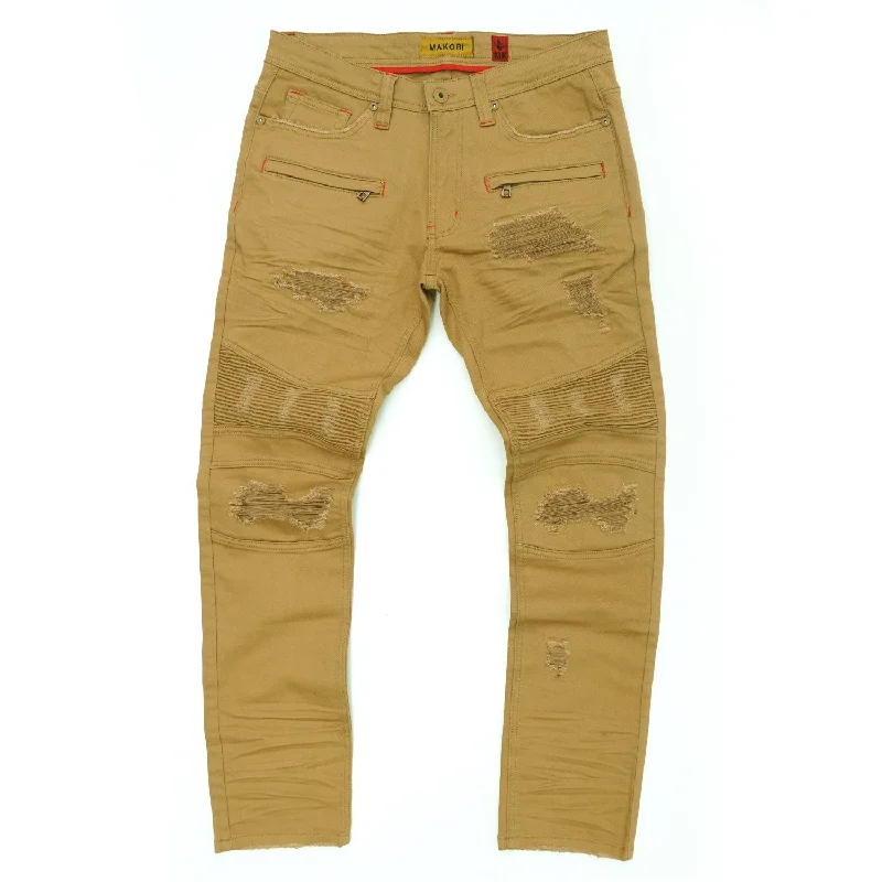 Custom Jeans Pants-M1926 - Makobi Core Denim Biker Jeans - Khaki