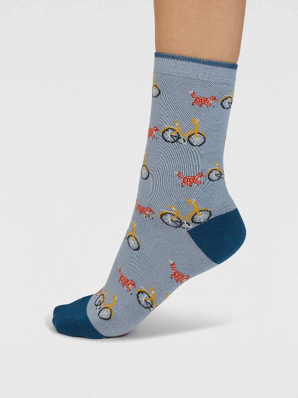 Soft Wool Socks-Dilloyn Cat And Bike Organic Cotton Socks - Lake Blue