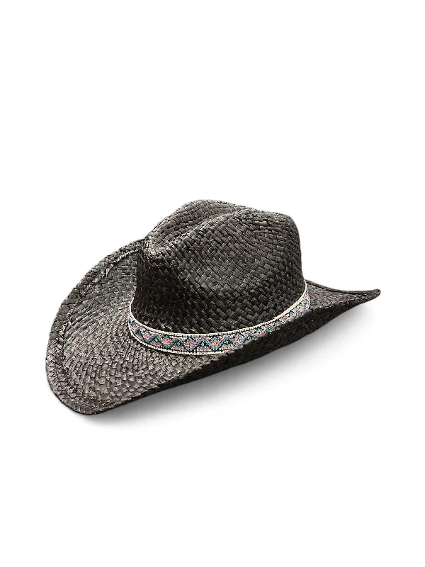 Lightweight Beanie-M&F Western Inky Black Straw Hat with Aztec Hat Band 7110777