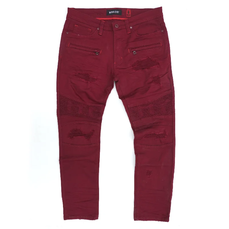 Lightweight Joggers-M1926 - Makobi Core Denim Biker Jeans - Burgundy