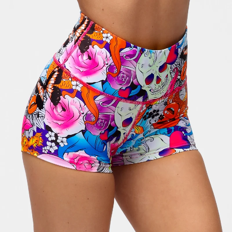 Sun Protection Shorts-Tattoo Skulls TikiBooty Shorts