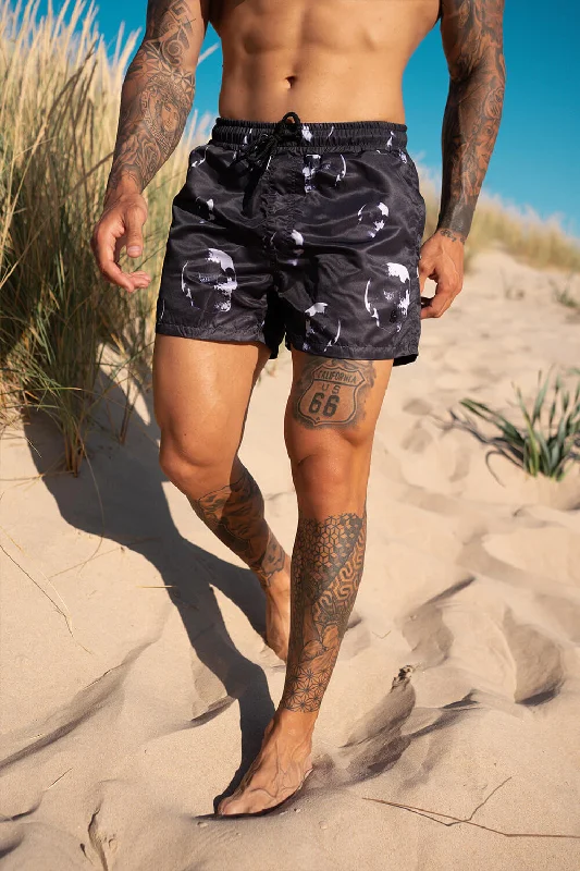 Adjustable Waist Shorts-Resort Shorts - Black Skulls