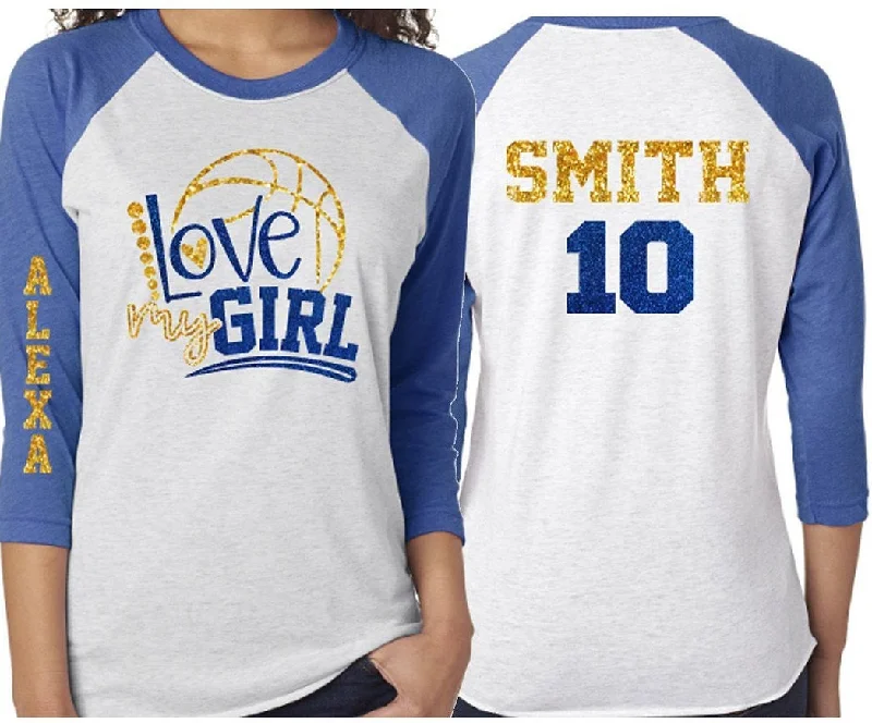 Boho Blouse-Glitter Basketball Mom Shirt | Love My Girl | 3/4 Sleeve Raglan | Customize Names Number and Colors