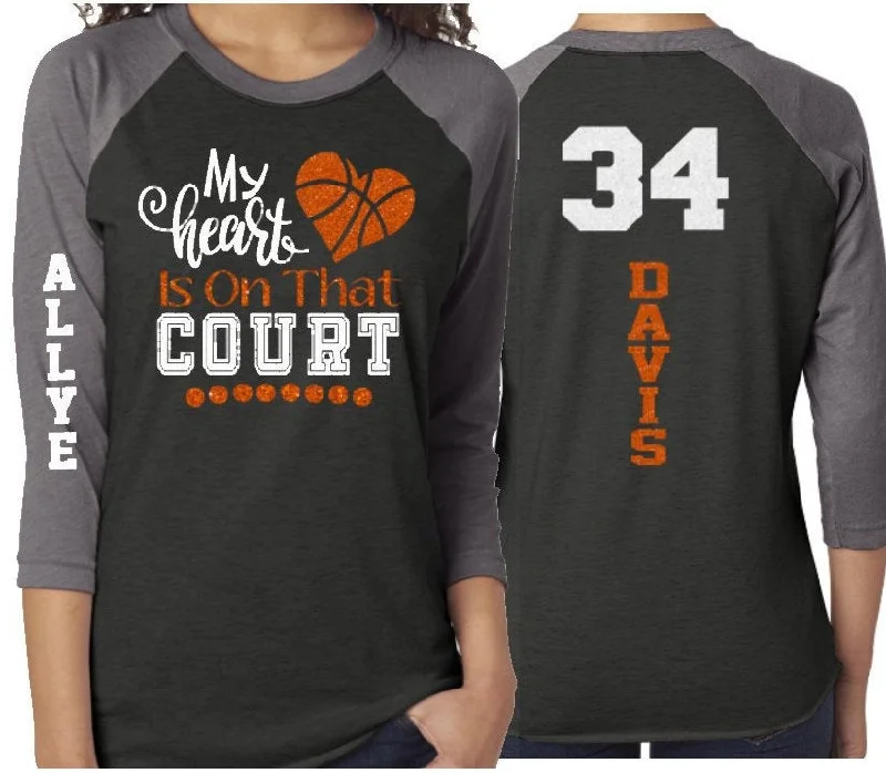 Relaxed Fit Blouse-Glitter Basketball Mom Shirt | My Heart is on the Court | 3/4 Sleeve Basketball Shirt | Grandma, Stepmom, Sister, Aunt