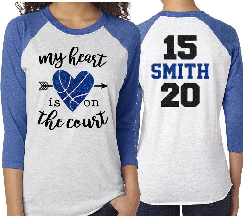 Designer Blouse-Glitter Basketball Mom Shirt | My Heart is on the Court | 3/4 Sleeve Raglan Basketball Shirt | Two Numbers & Two Names