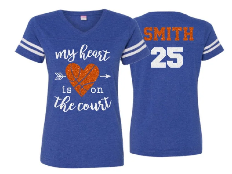 Tunic Blouse-Glitter Basketball Mom Shirt | My Heart is on the Court | Basketball Shirts | Basketball Mom Shirts | V Neck Short Sleeve Shirt | Customize