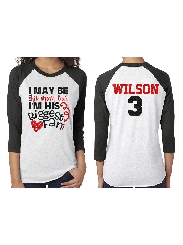 Classic Shirt-Glitter Basketball Shirt |  I May Be His Mom But I'm His Biggest Fan | Basketball Mom 3/4 Sleeve Shirt